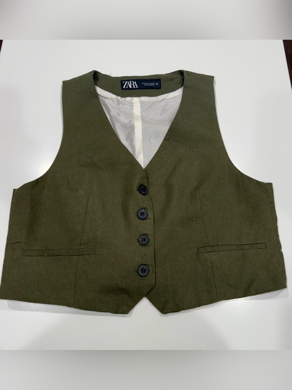 ZARA Women's Tailored Linen Blend Khaki Vest Top Olive Size Medium - Picture 2 of 6
